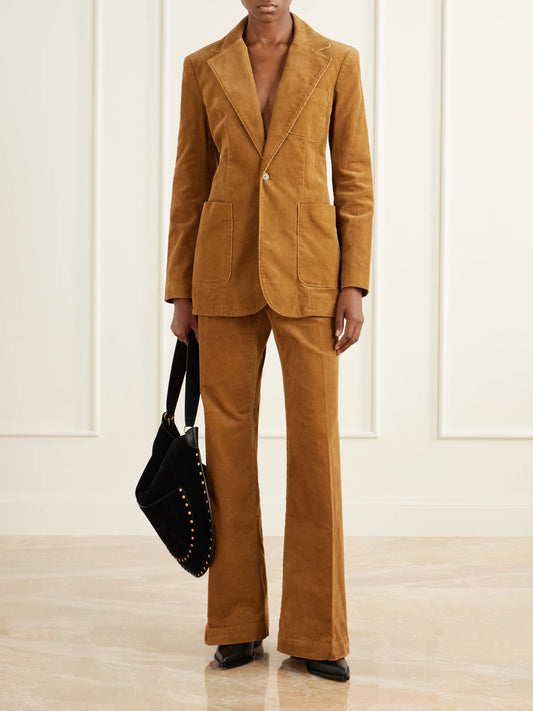 Image of a model wearing Outerwear. Product name - Corduroy-cotton Blazer in Tan colour by brand - Polo Ralph Lauren