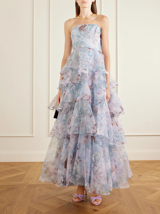 Image of Dresses. Product name - Gabrielle Strapless Tiered Ruffled Floral-print Linen-blend Organza Gown in Violet colour by brand - Aje
