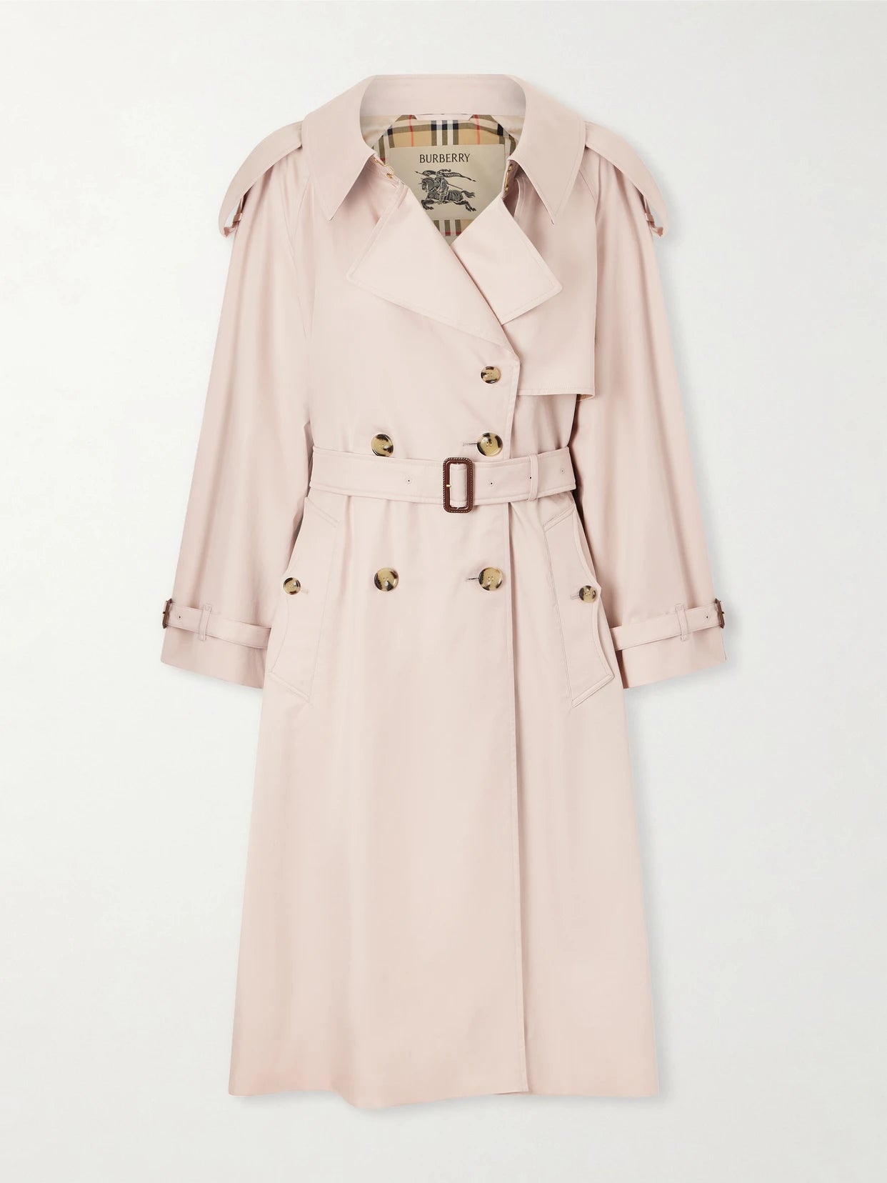 Image of Coats & Jackets. Product name - Fitzorvia Double-breasted Belted Cotton-gabardine Trench Coat in Baby pink colour by brand - Burberry