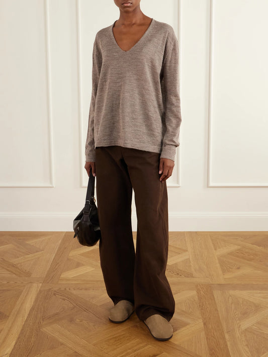 Image of a model wearing Outerwear. Product name - Merino And Alpaca Wool-blend Sweater in Gray colour by brand - Lauren Manoogian