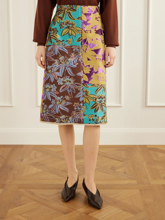 ALÉMAIS Bodie Frayed Patchwork Floral-jacquard Midi Skirt