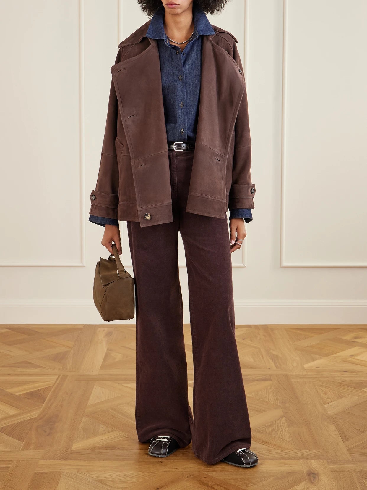 Image of Coats & Jackets. Product name - Double-breasted Suede Jacket in Dark brown colour by brand - LOEWE