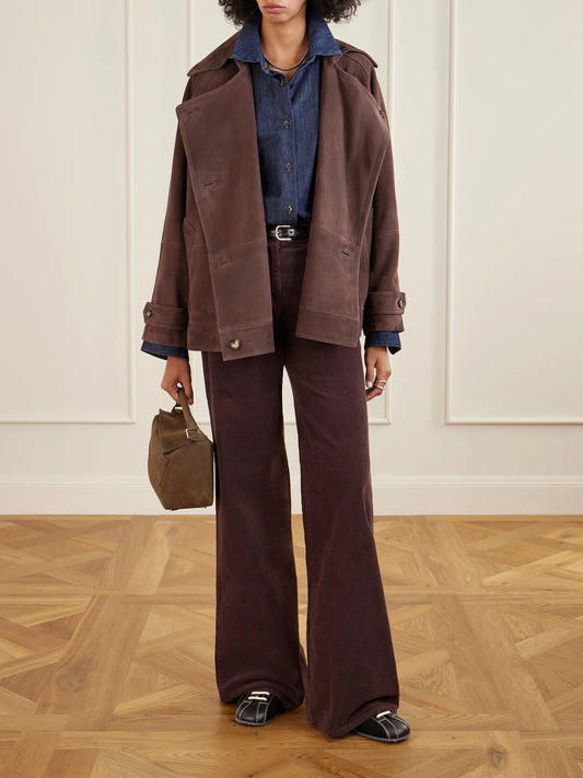 Image of Coats & Jackets. Product name - Double-breasted Suede Jacket in Dark brown colour by brand - LOEWE