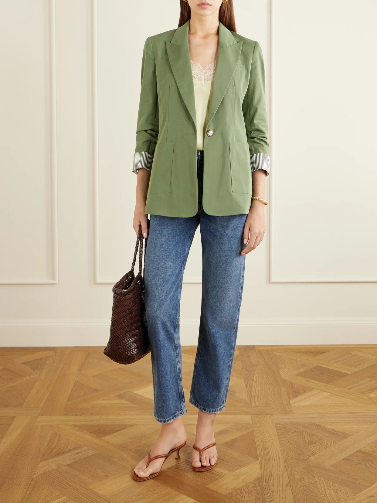 Image of Coats & Jackets. Product name - Mcallin Dickey Cotton-blend Poplin Blazer in Army green colour by brand - Veronica Beard