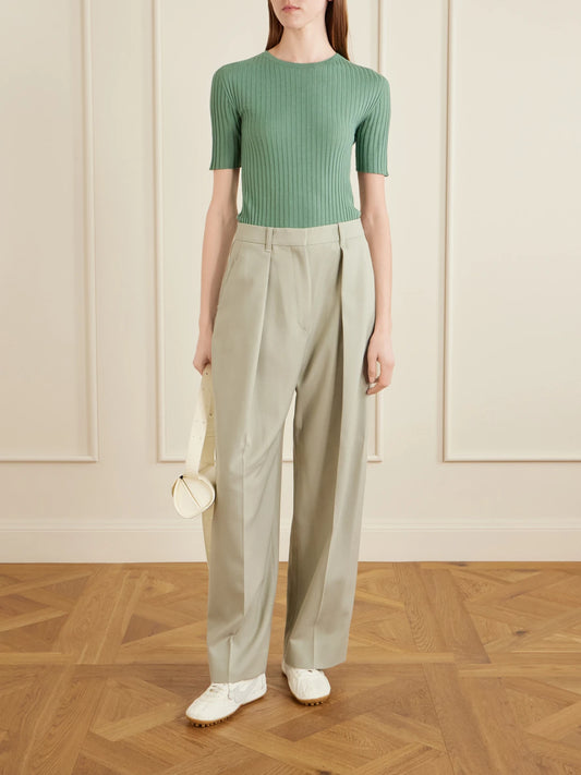 Image of a model wearing Tops. Product name - Ribbed-knit Merino Wool T-shirt in Green colour by brand - KALLMEYER