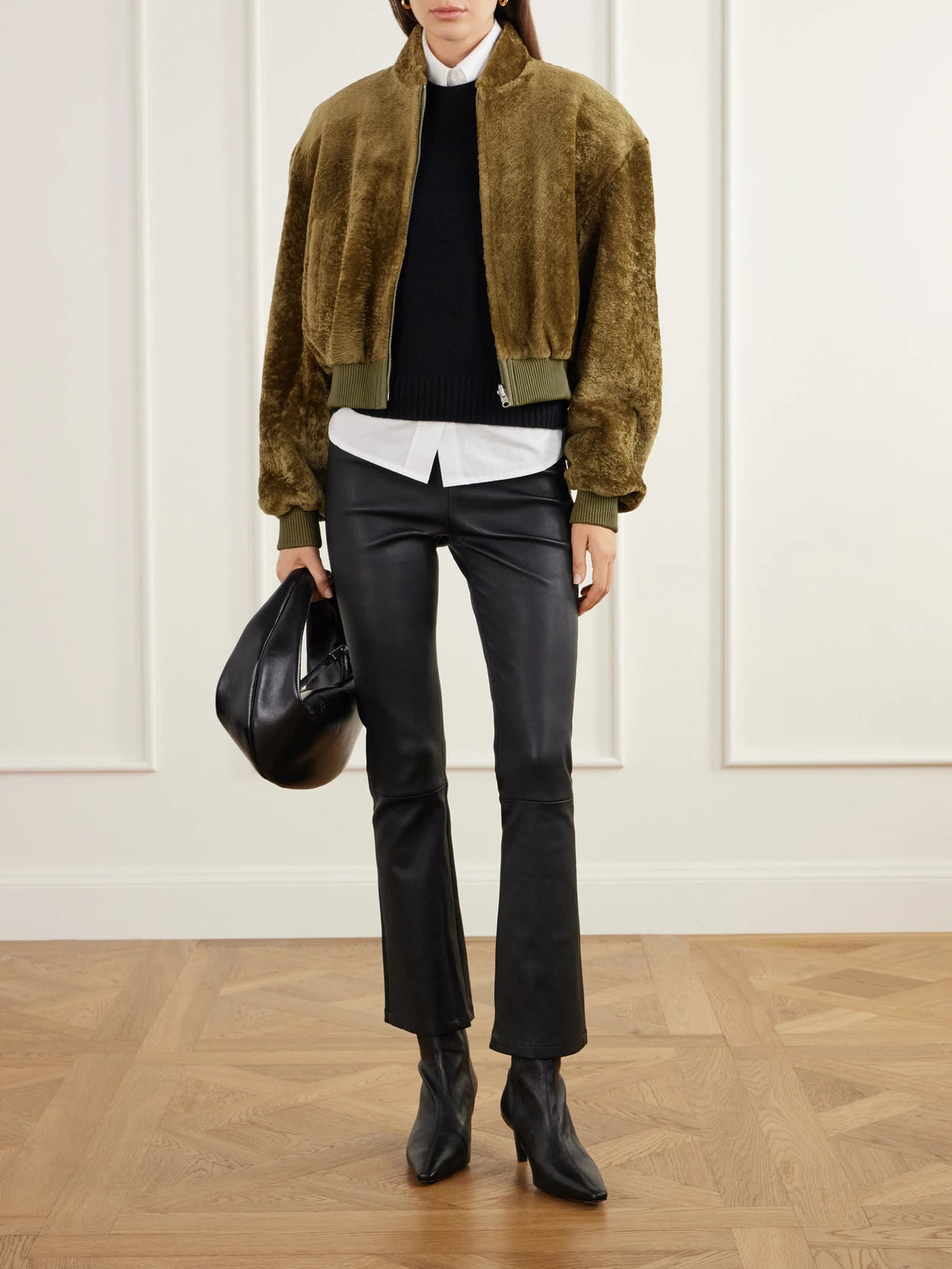 Image of Coats & Jackets. Product name - Azra Reversible Shearling And Satin Bomber Jacket in Green colour by brand - ARMA