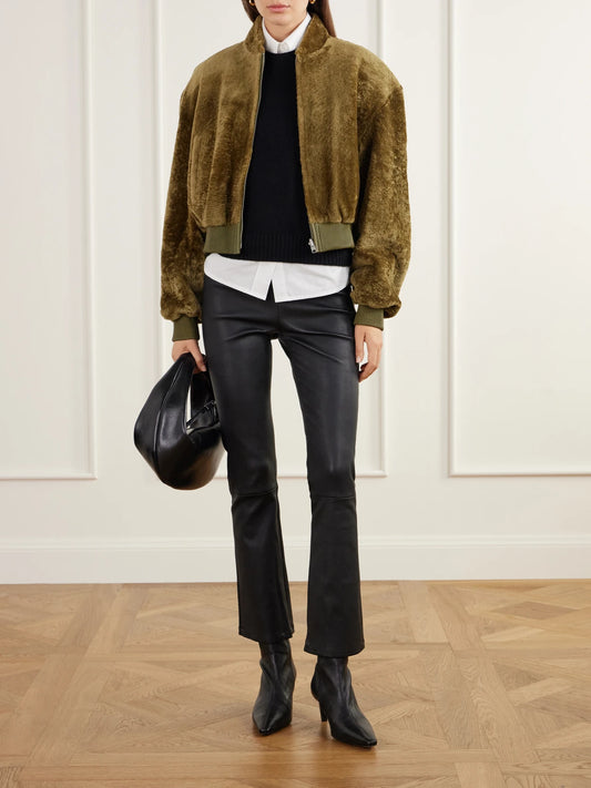 Image of Coats & Jackets. Product name - Azra Reversible Shearling And Satin Bomber Jacket in Green colour by brand - ARMA