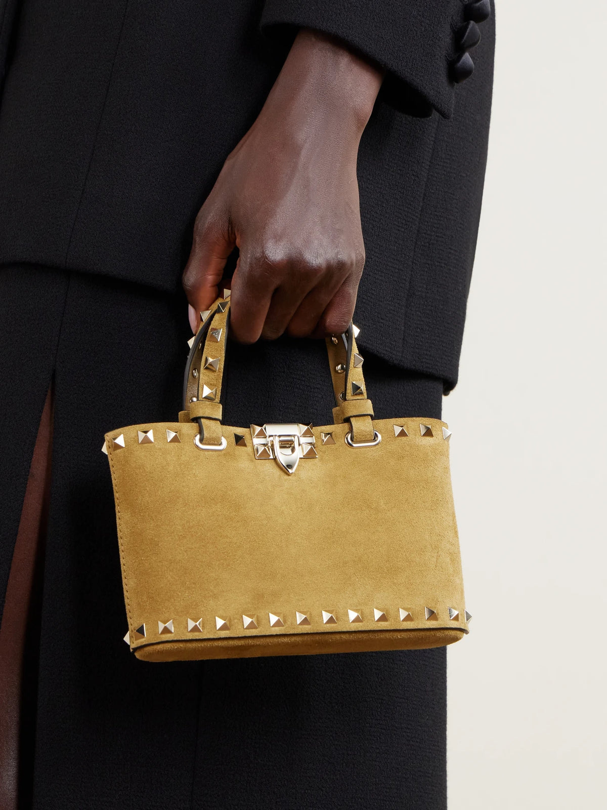 Image of Bags. Product name - Rockstud Mini Embellished Suede Tote in Tan colour by brand - Valentino Garavani
