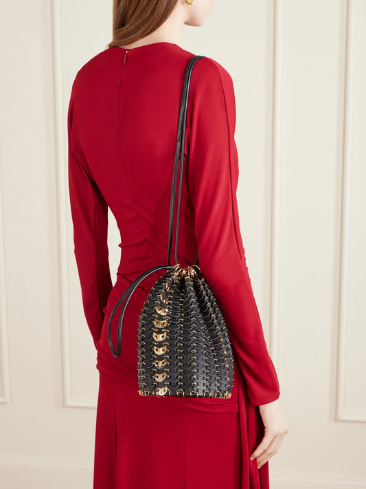 Image of Bags. Product name - Bucket Flip Reversible Leather And Chainmail Shoulder Bag in Black colour by brand - RABANNE
