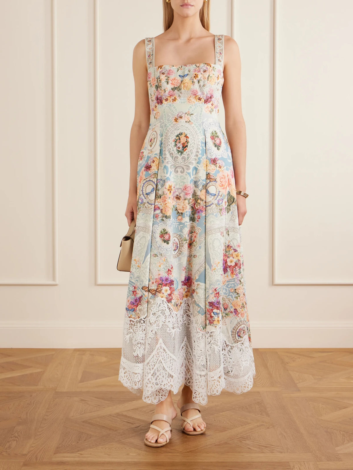 Image of Dresses. Product name - Printed Lace-trimmed Cotton-blend Midi Dress in Multi colour by brand - Camilla