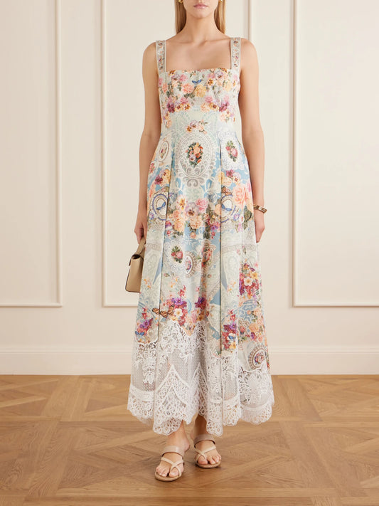 Image of Dresses. Product name - Printed Lace-trimmed Cotton-blend Midi Dress in Multi colour by brand - Camilla