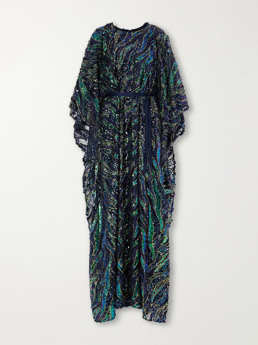 Taller Marmo Firefly Belted Draped Sequined Tulle Gown