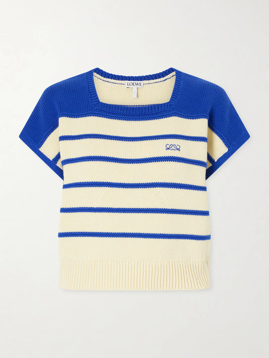Image of a model wearing Outerwear. Product name - Anagram-embroidered Striped Cotton And Wool-blend Sweater in Yellow colour by brand - LOEWE