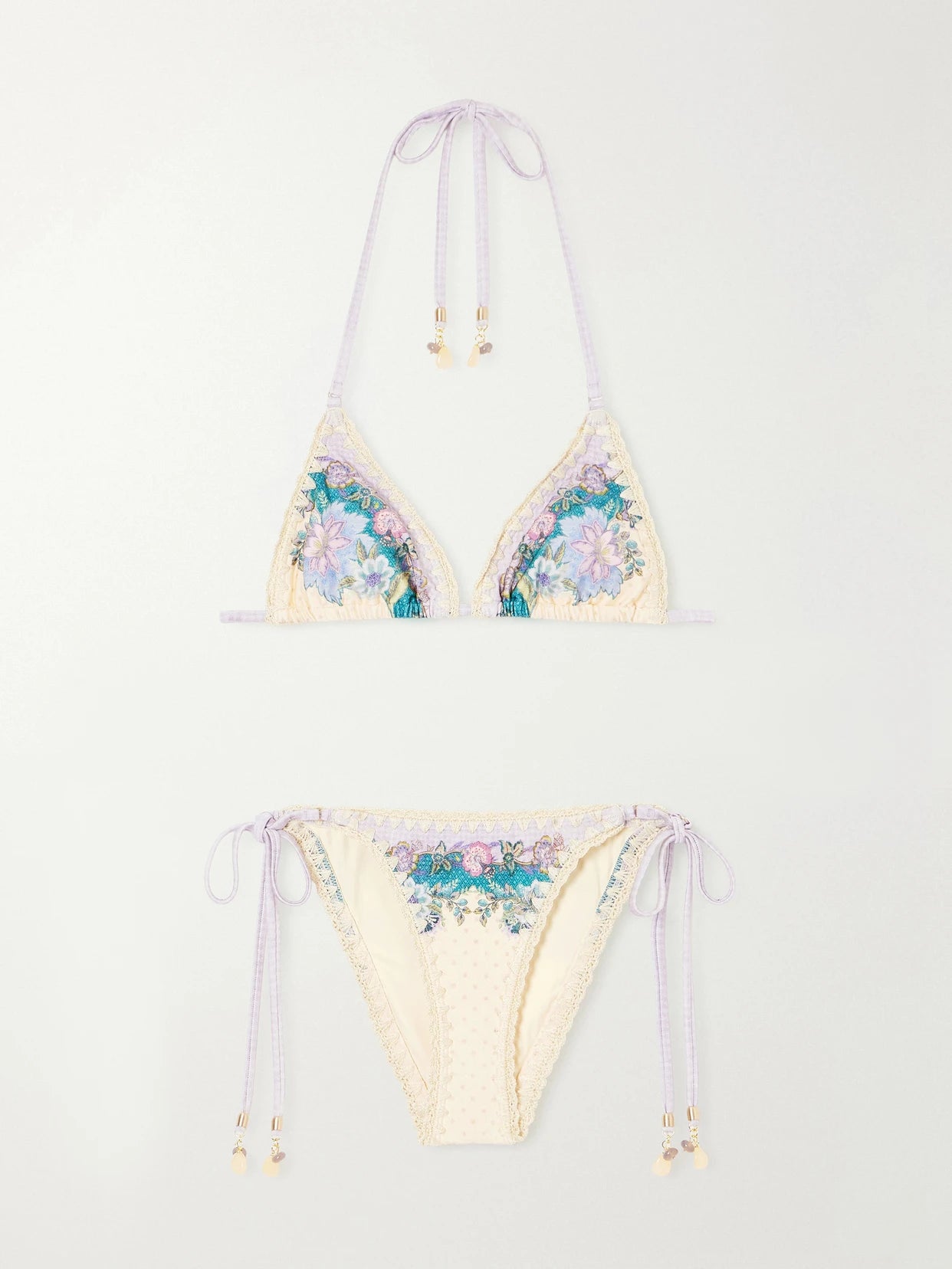 Image of Swimwear. Product name - Floral-print Crochet-trimmed Bikini Top in Ivory colour by brand - Zimmermann