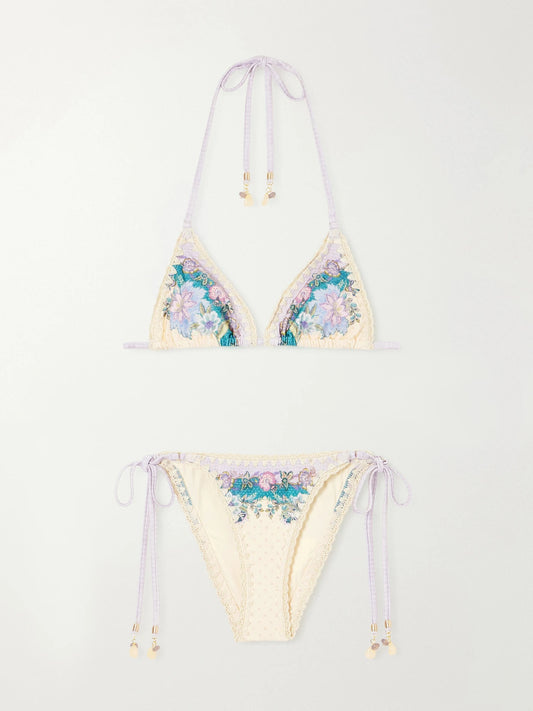 Image of Swimwear. Product name - Floral-print Crochet-trimmed Bikini Top in Ivory colour by brand - Zimmermann
