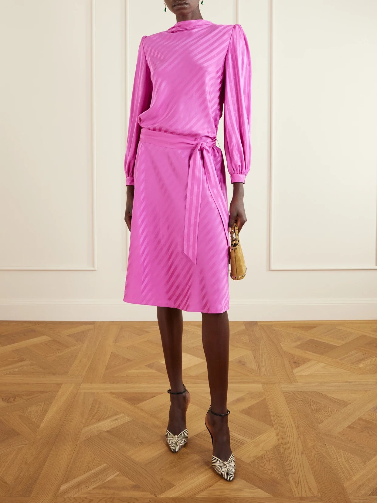 Image of Dresses. Product name - Logo-printed Belted Striped Silk Satin-jacquard Midi Dress in Bright pink colour by brand - Valentino Garavani