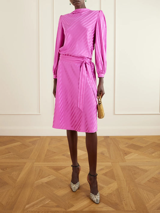 Image of Dresses. Product name - Logo-printed Belted Striped Silk Satin-jacquard Midi Dress in Bright pink colour by brand - Valentino Garavani