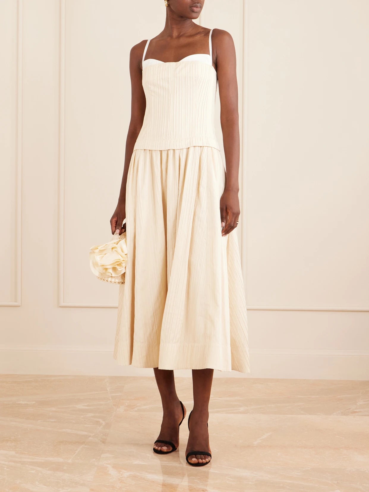 Image of Dresses. Product name - Quinlin Striped Satin Bustier Midi Dress in Cream colour by brand - SIMKHAI