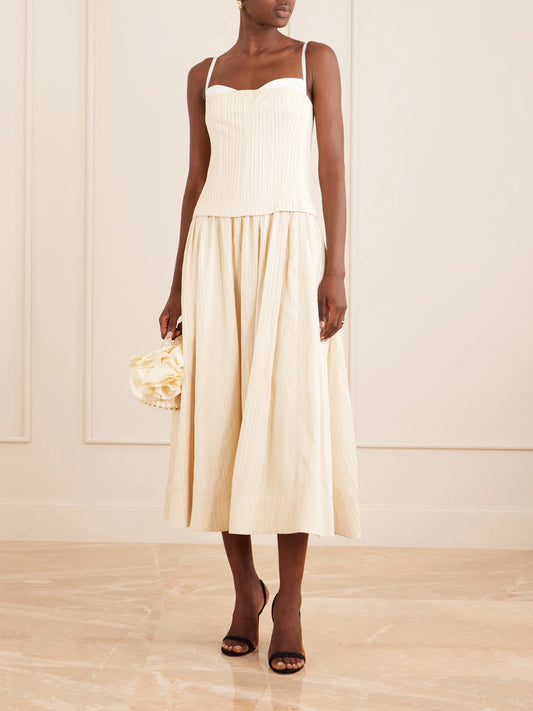 Image of Dresses. Product name - Quinlin Striped Satin Bustier Midi Dress in Cream colour by brand - SIMKHAI