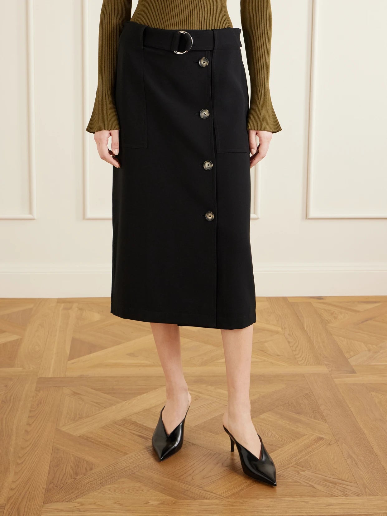 Carine Belted Crepe De Chine Midi Skirt