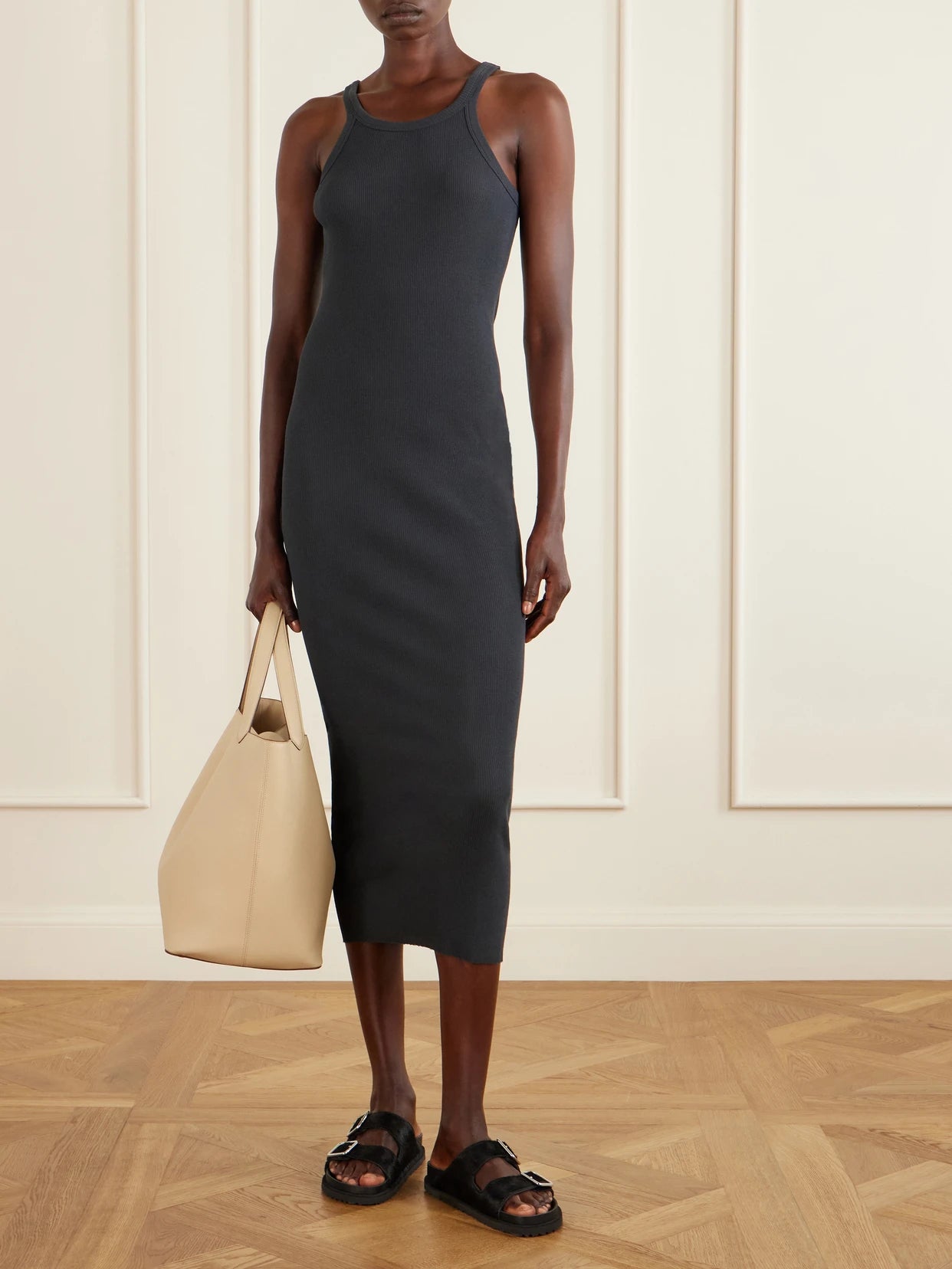 Image of Dresses. Product name - Tubular Ribbed Cotton Midi Dress in Charcoal colour by brand - James Perse