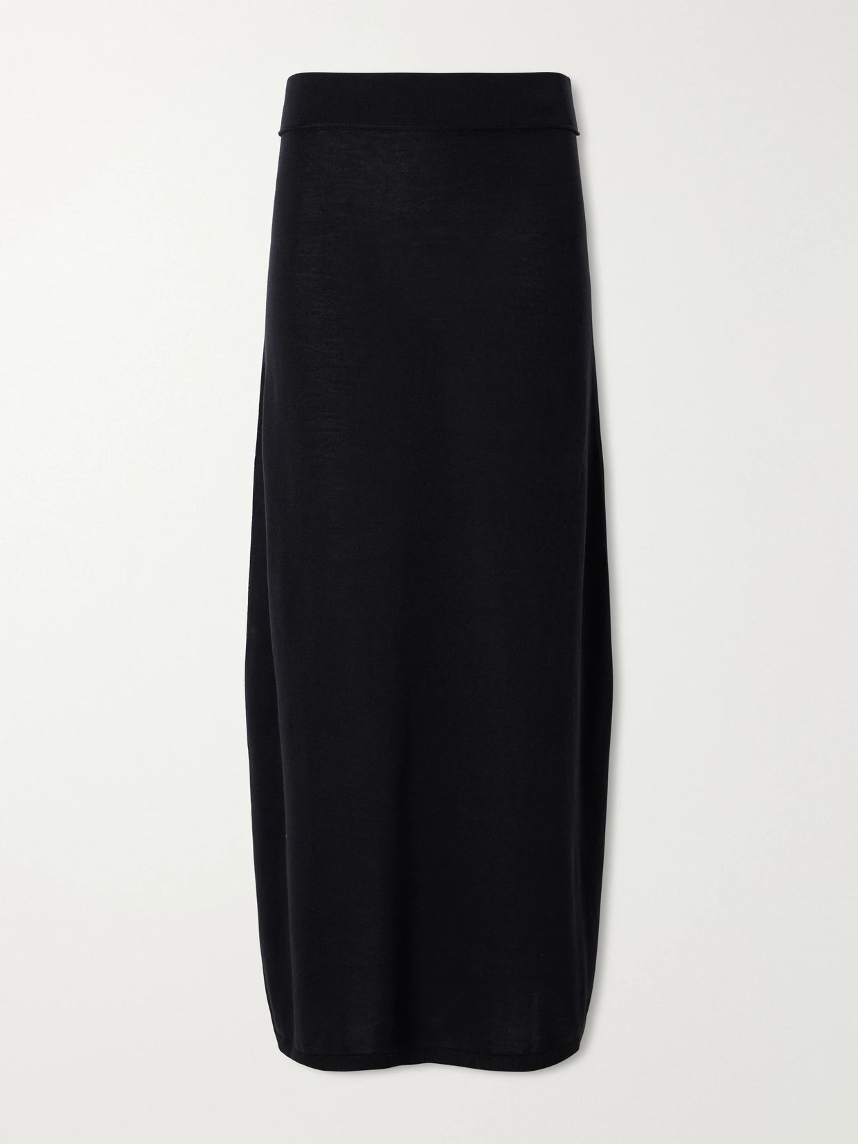 Image of a model wearing Skirts. Product name - Lyocell And Cashmere-blend Knitted Maxi Skirt in Black colour by brand - TOTEME