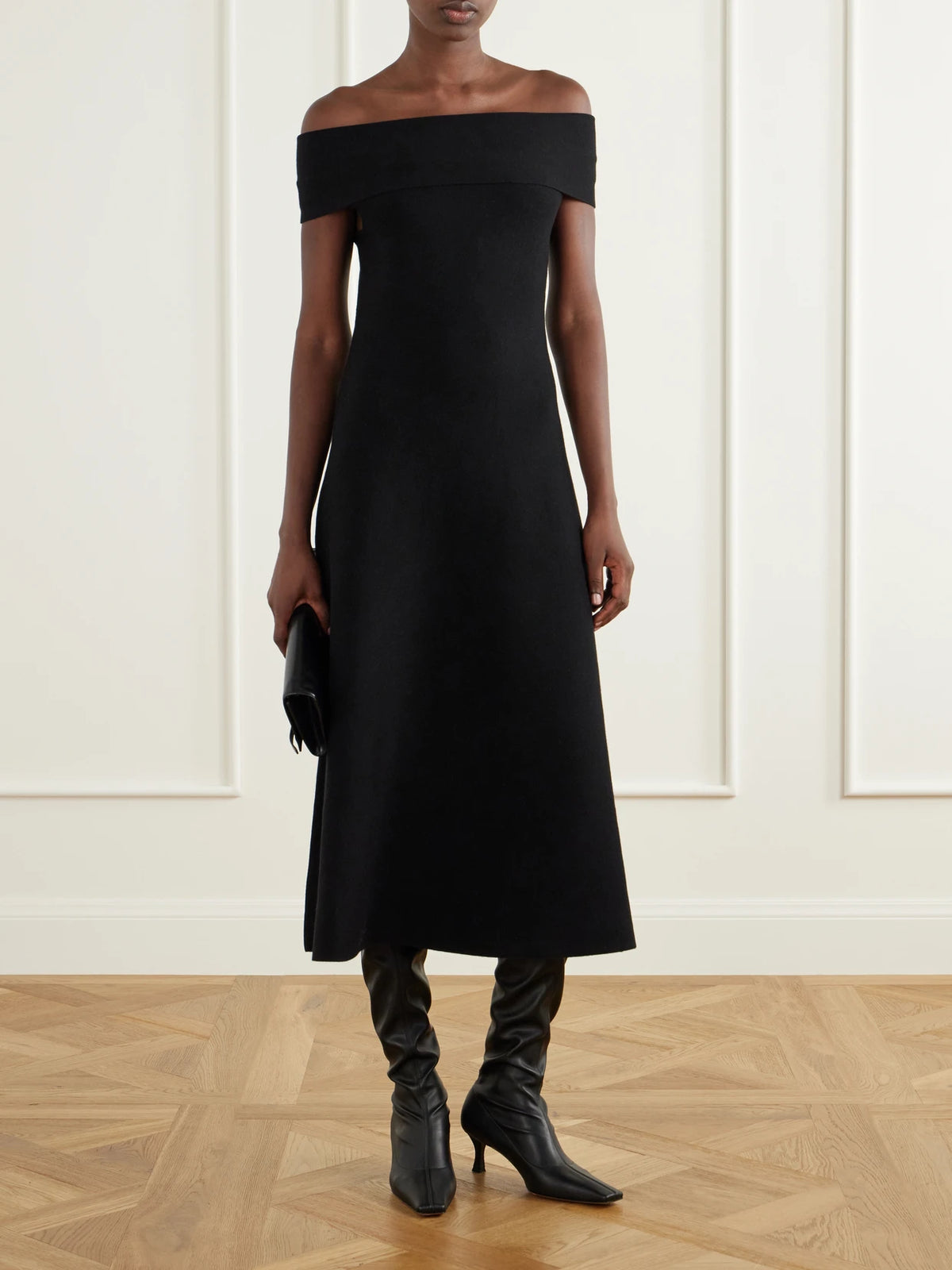 Image of Dresses. Product name - Camilla Wool Off-the-shoulder Midi Dress in Black colour by brand - SIMKHAI