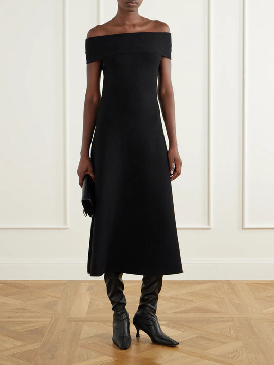 Image of Dresses. Product name - Camilla Wool Off-the-shoulder Midi Dress in Black colour by brand - SIMKHAI