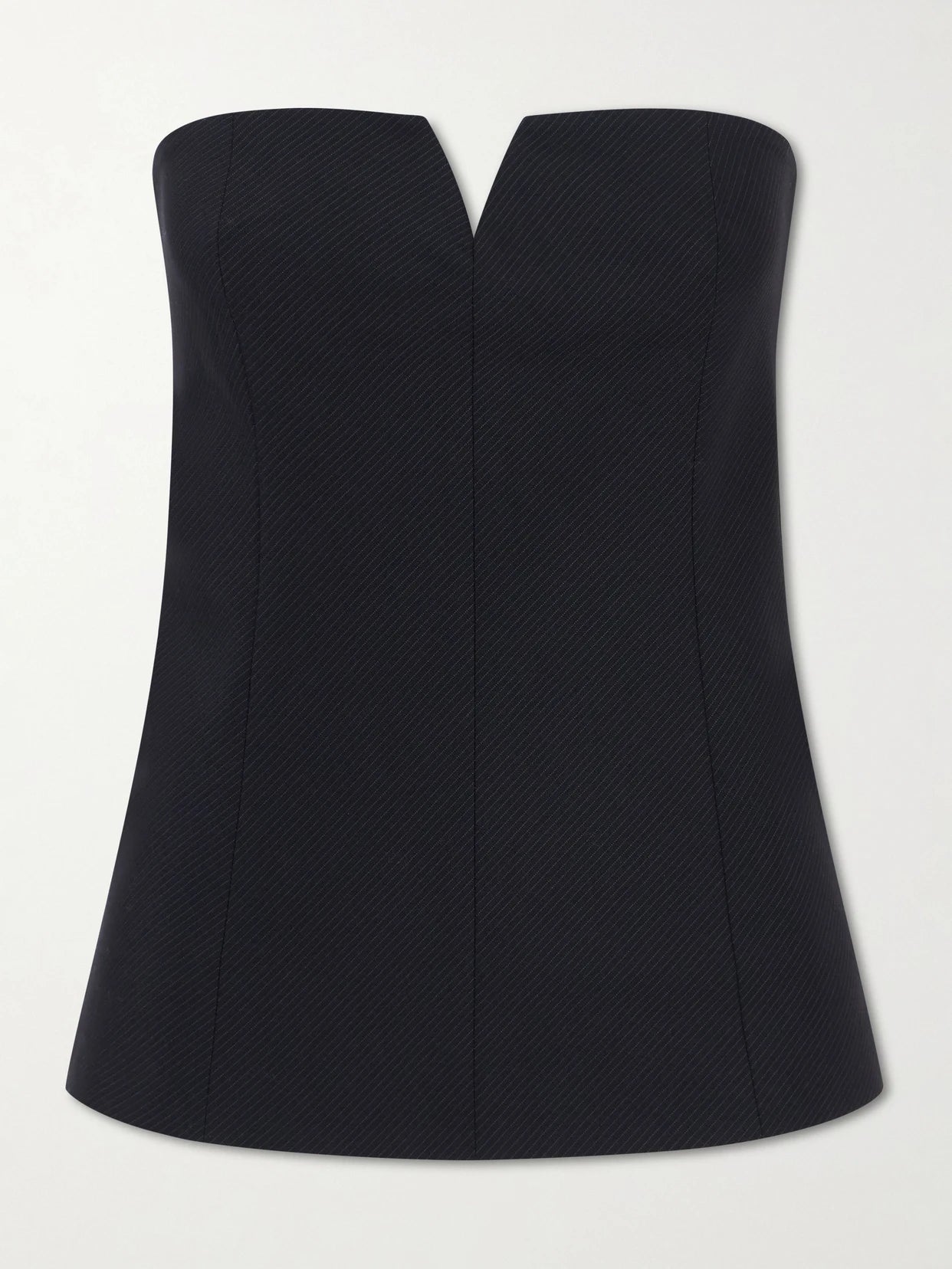 Image of a model wearing Tops. Product name - Strapless Pinstriped Woven Top in Black colour by brand - ST. AGNI