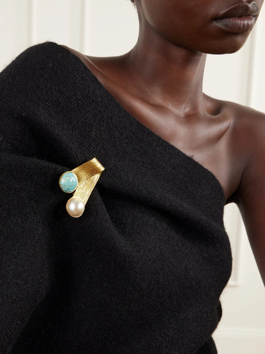 Image of Keychains. Product name - Ribbon Embellished Gold-tone Brooch in Multi colour by brand - Sonia Petroff