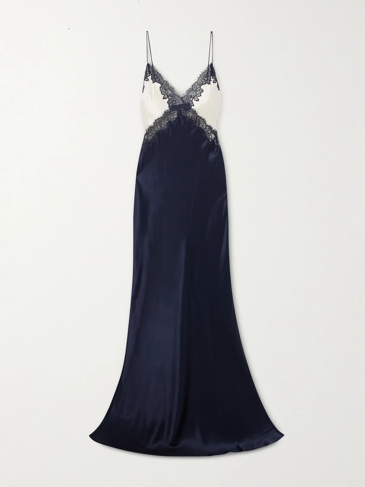 Image of Dresses. Product name - Aumoe Lace-trimmed Silk-satin Gown in Navy colour by brand - Rebecca Vallance