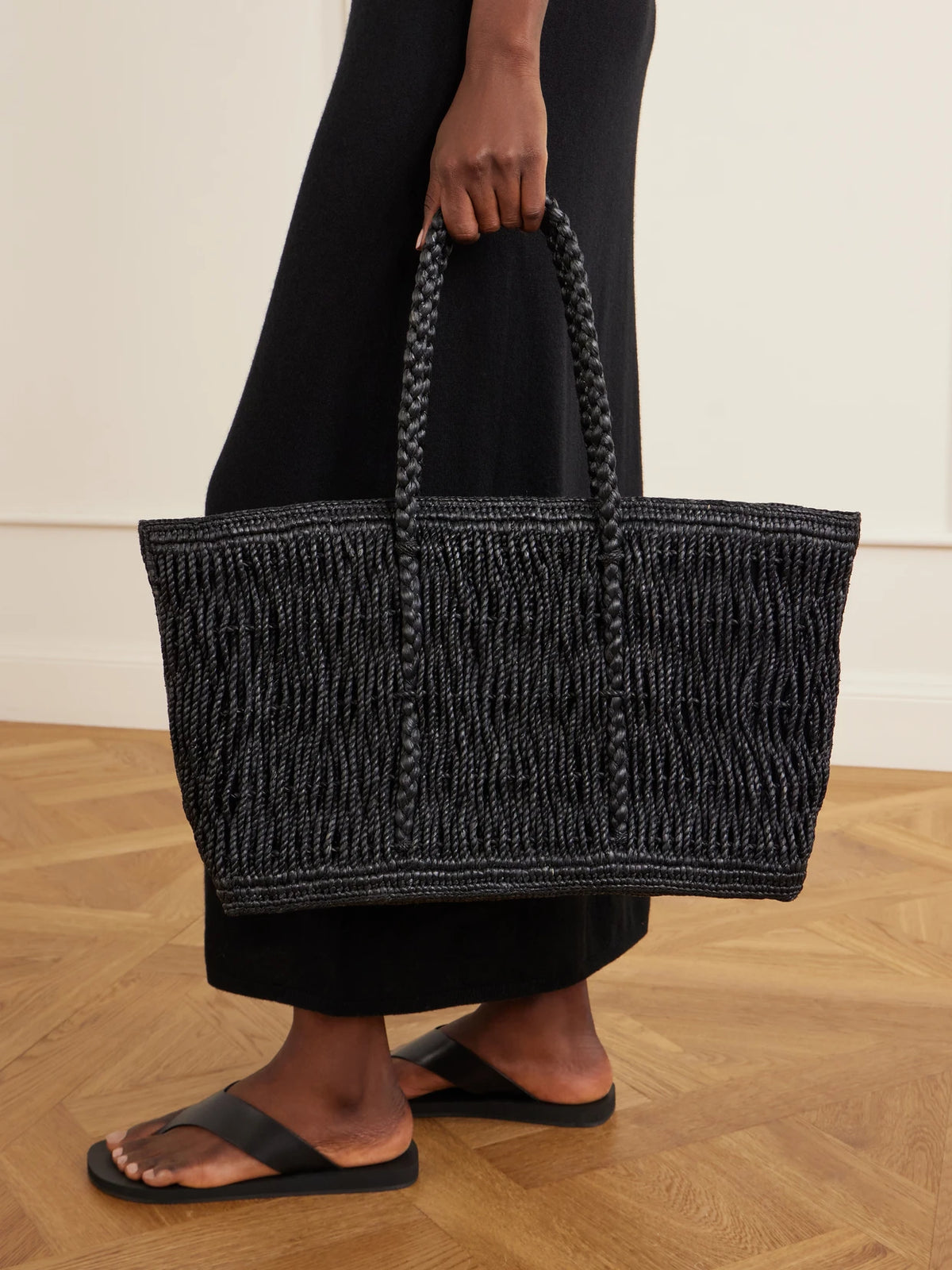 Image of Bags. Product name - Georgica Leather-trimmed Raffia Tote Bag in Black colour by brand - The Row