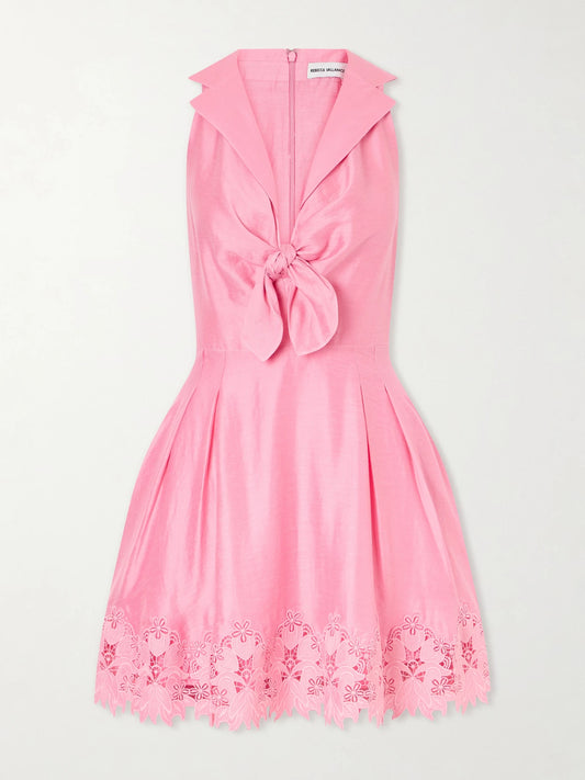 Image of Dresses. Product name - Petalite Knotted Broderie Anglaise-trimmed Poplin Mini Dress in Pink colour by brand - Rebecca Vallance