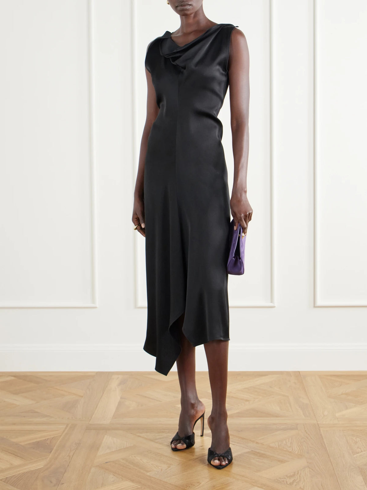 Image of Heels. Product name - Harlow 100 Bead-embellished Satin Sandals in Black colour by brand - Victoria Beckham