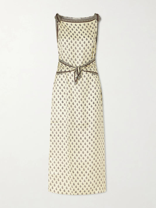 Image of Dresses. Product name - Amorette Paisley-print Silk-blend Twill Midi Dress in Pastel yellow colour by brand - DÔEN