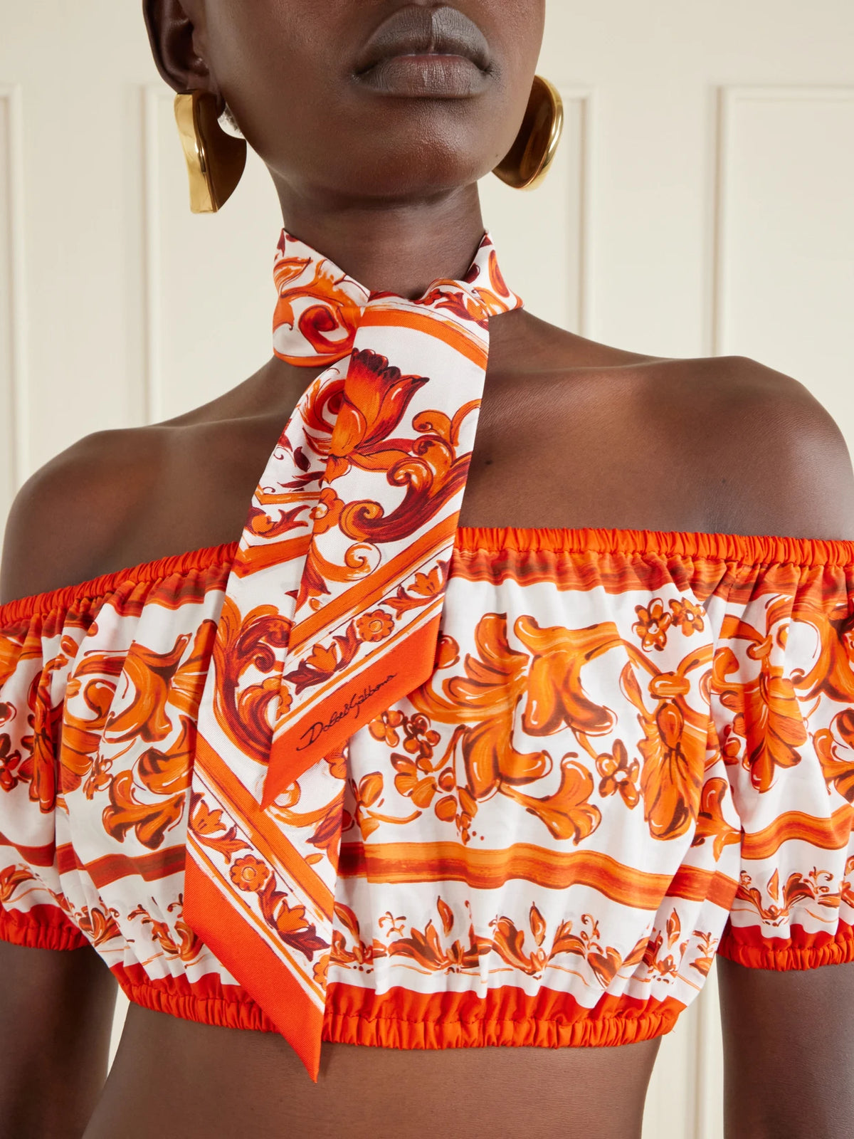 Image of Scarves & Shawls. Product name - Floral-print Silk-twill Scarf in Orange colour by brand - Dolce & Gabbana
