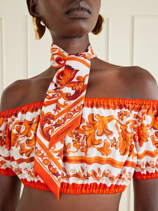 Image of Scarves & Shawls. Product name - Floral-print Silk-twill Scarf in Orange colour by brand - Dolce & Gabbana
