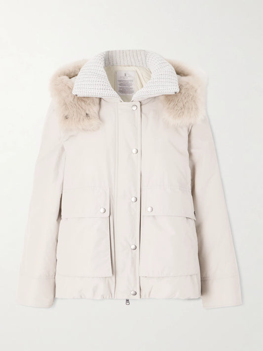 Image of Coats & Jackets. Product name - Hooded Ribbed-knit And Shearling-trimmed Bead-embellished Padded Shell Down Jacket in Light gray colour by brand - Brunello Cucinelli