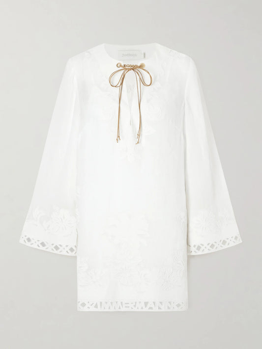 Image of Dresses. Product name - Indra Embroidered Ramie Mini Dress in White colour by brand - Zimmermann