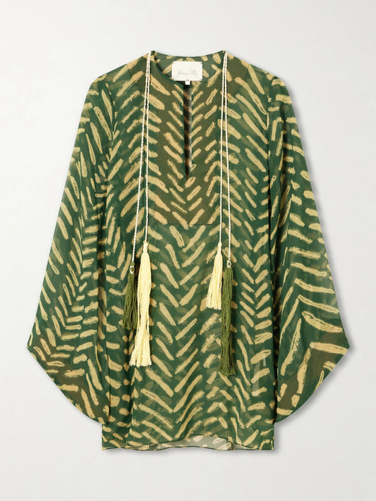 Image of Swimwear. Product name - Refugio De Sol Tasseled Printed Recycled Georgette Coverup in Green colour by brand - Johanna Ortiz