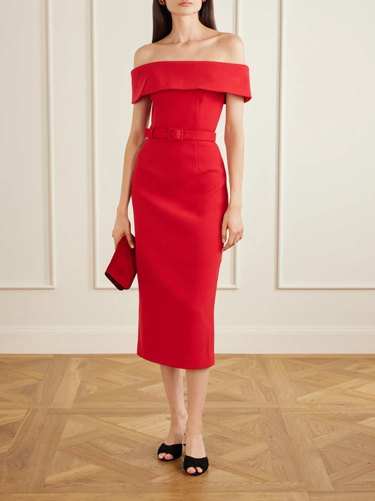 Image of Dresses. Product name - Precious Off-the-shoulder Belted Crepe Midi Dress in Red colour by brand - Rebecca Vallance