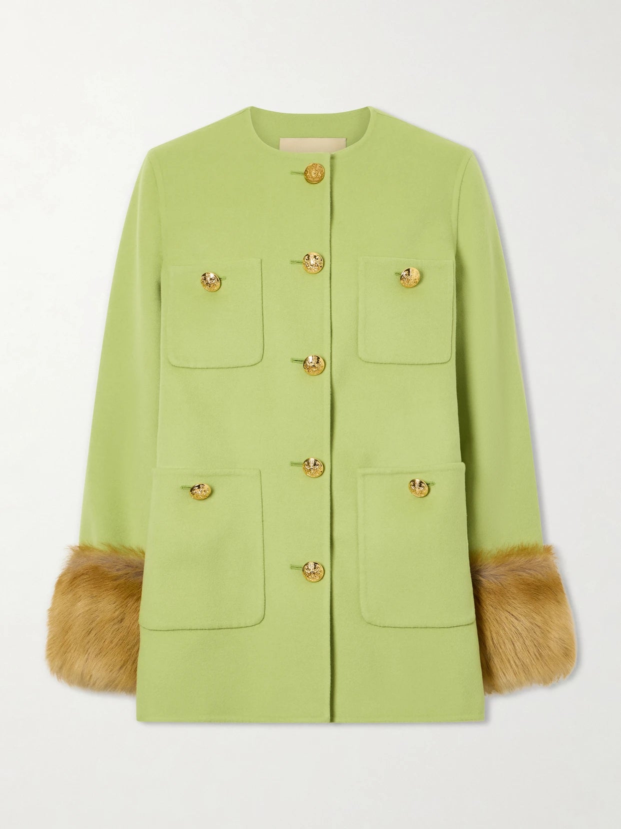 Image of Coats & Jackets. Product name - Shearling-trimmed Wool And Cashmere-blend Coat in Light green colour by brand - Valentino Garavani