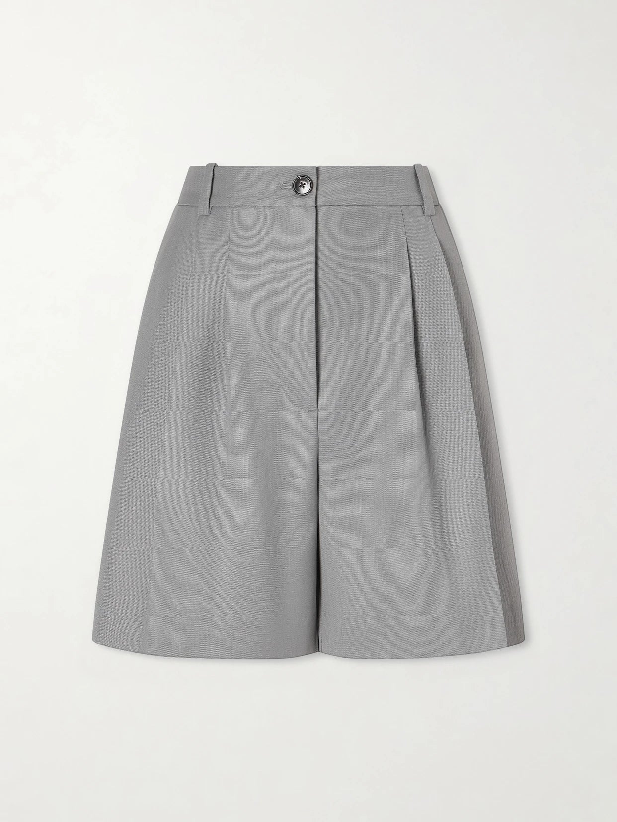 Image of a model wearing Shorts. Product name - Brice Pleated Wool-blend Shorts in Gray green colour by brand - Anine Bing