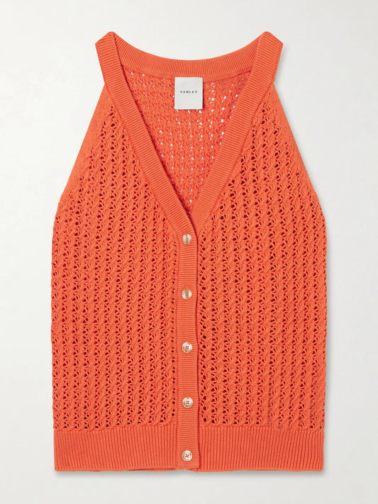 Image of a model wearing Tops. Product name - Alessia Crochet-knit Cotton Top in Orange colour by brand - Varley