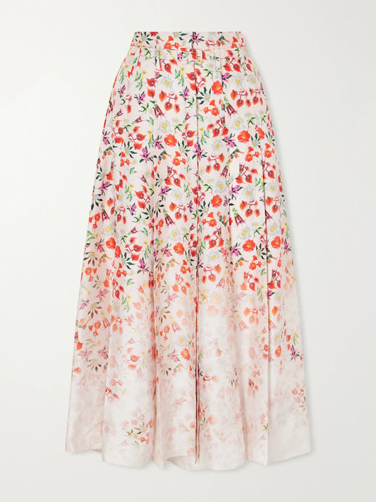 Image of a model wearing Skirts. Product name - Dugald Floral-print Belted Pleated Silk Maxi Skirt in White colour by brand - Gabriela Hearst
