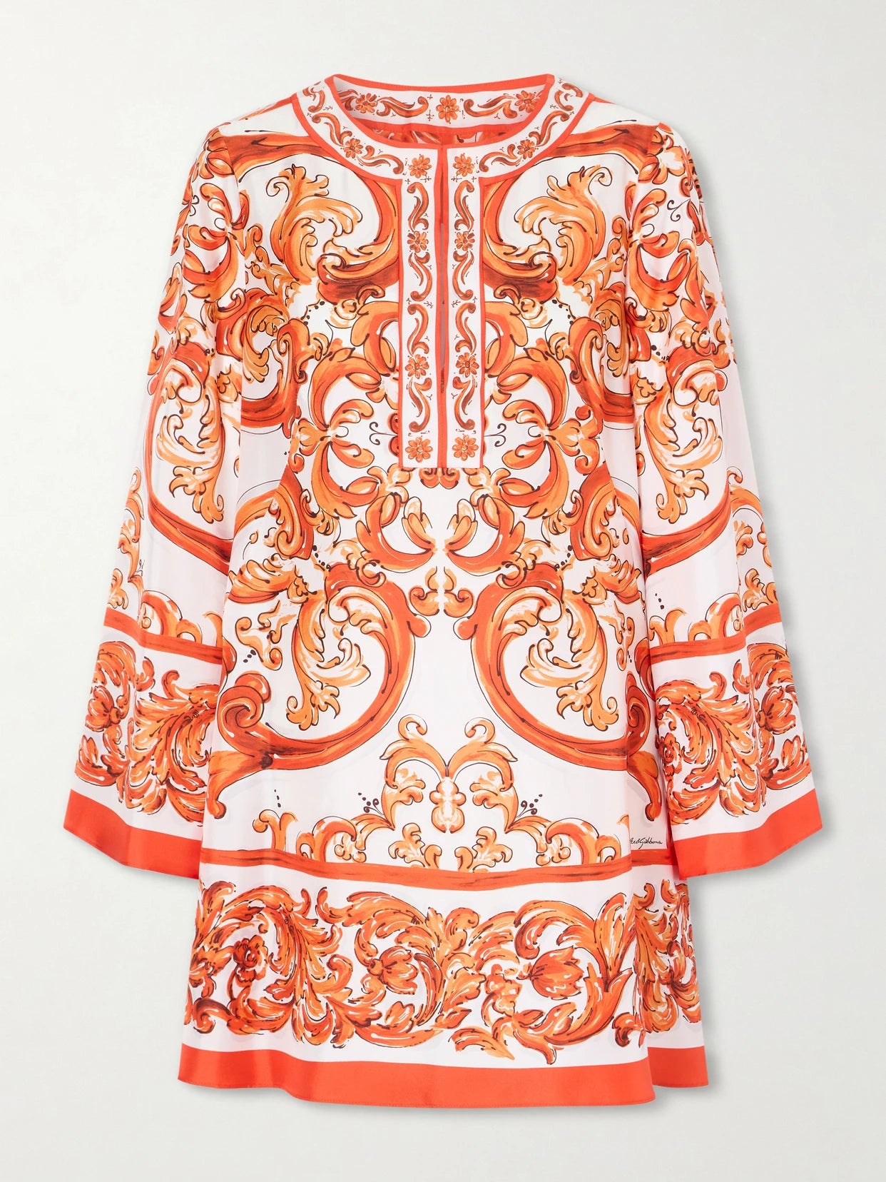 Image of Dresses. Product name - Pleated Printed Silk-twill Mini Dress in Orange colour by brand - Dolce & Gabbana