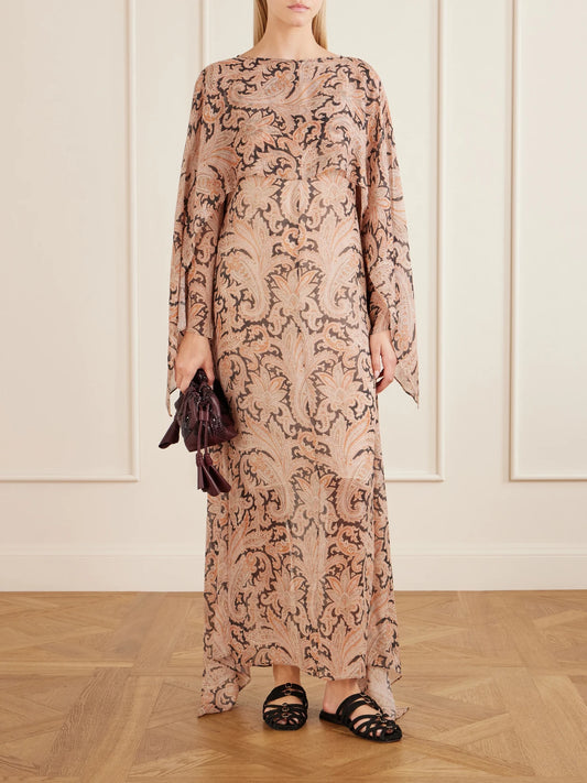 Image of Dresses. Product name - Valiant Cape-effect Printed Chiffon Maxi Dress in Beige colour by brand - Zimmermann