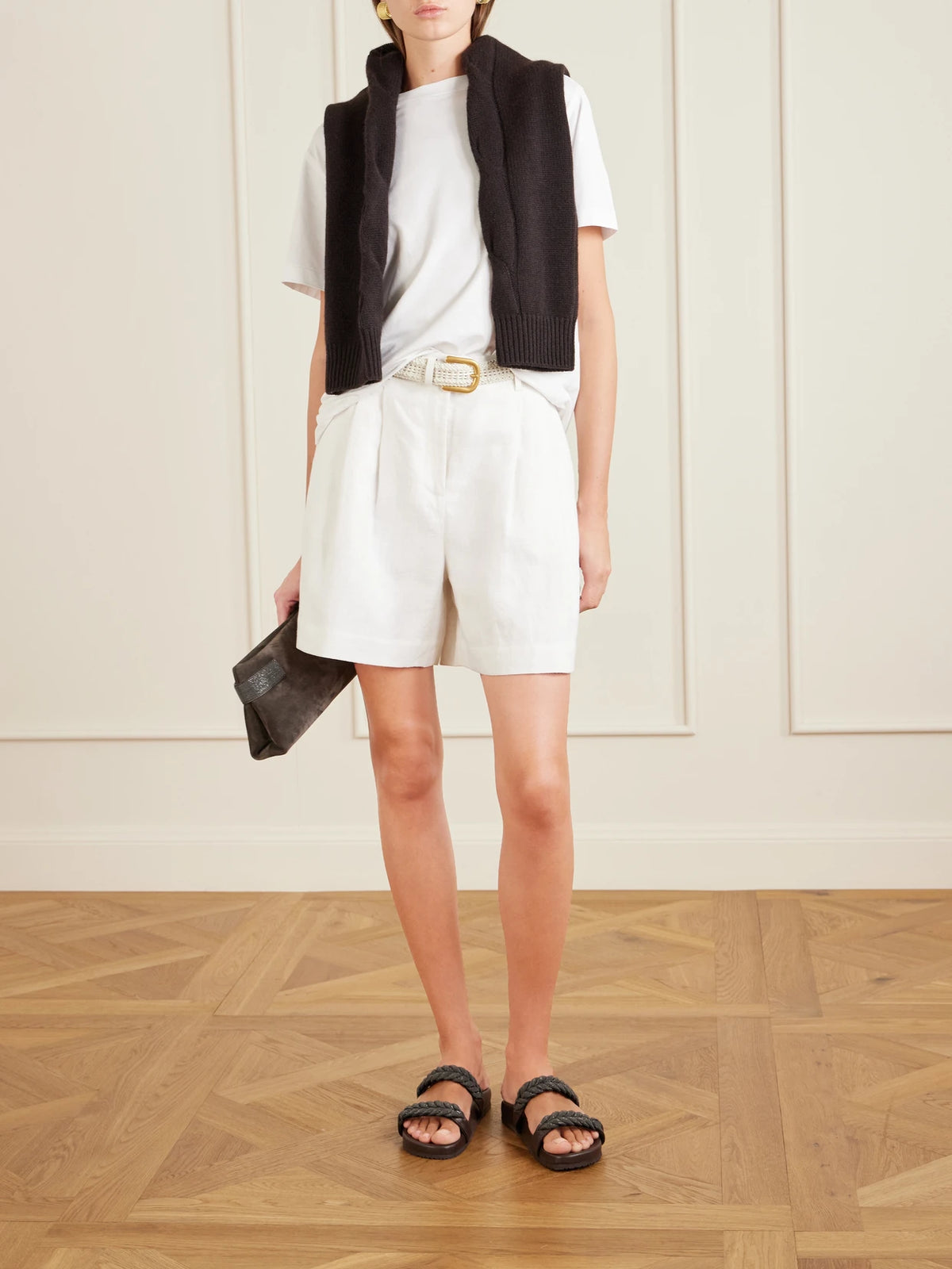 Image of Sandals. Product name - Bead-embellished Leather Sandals in Dark brown colour by brand - Brunello Cucinelli