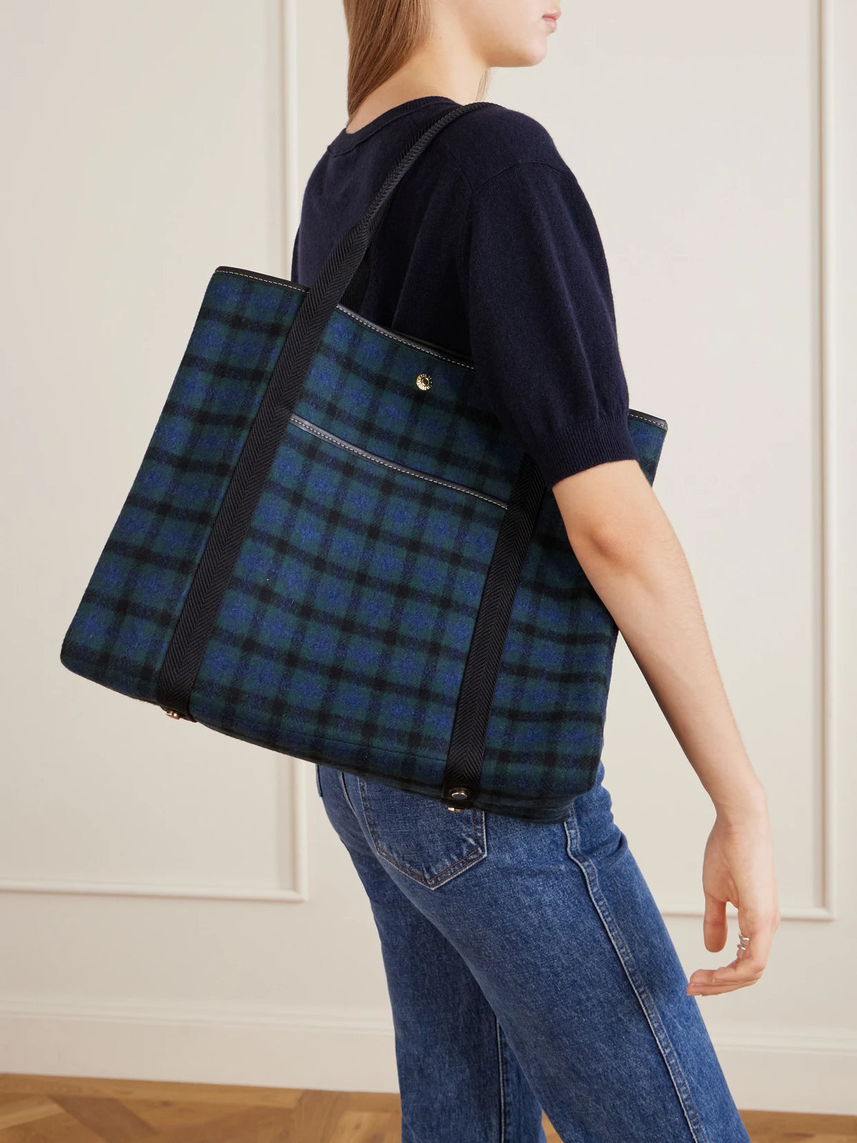 Image of Bags. Product name - Traversée Large Leather-trimmed Checked Canvas Tote in Midnight blue colour by brand - RUE de VERNEUIL