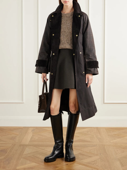 Image of Coats & Jackets. Product name - Elva Double-breasted Belted Corduroy-trimmed Waxed Cotton-canvas Coat in Brown colour by brand - Barbour